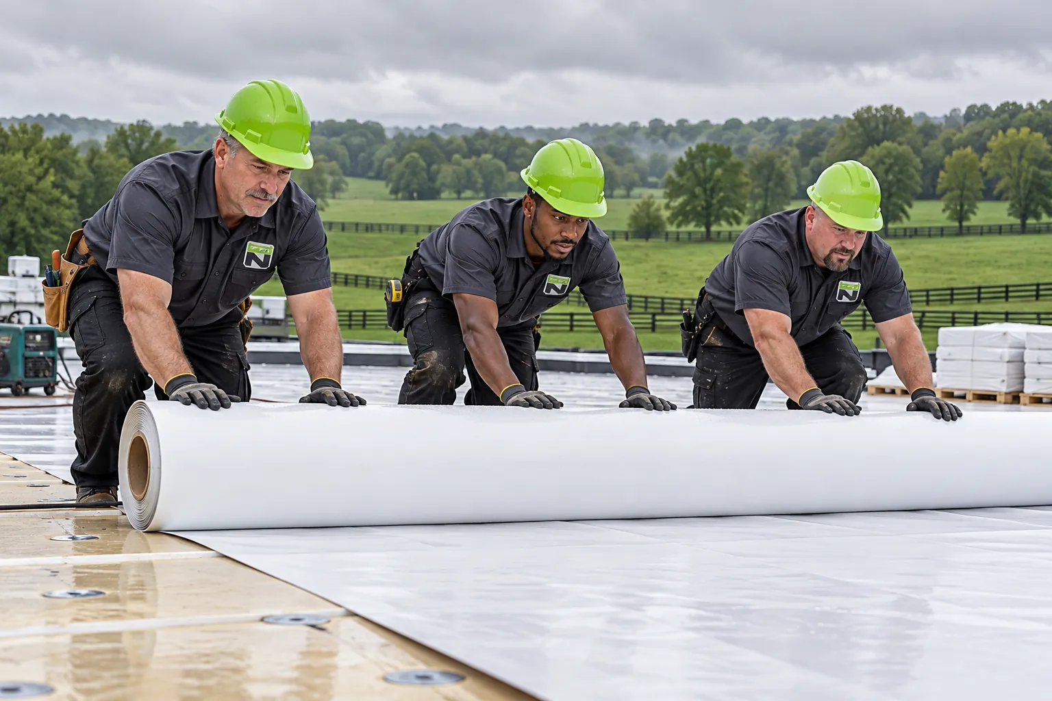 Roofing crew installing white TPO membrane on a commercial low-slope roof