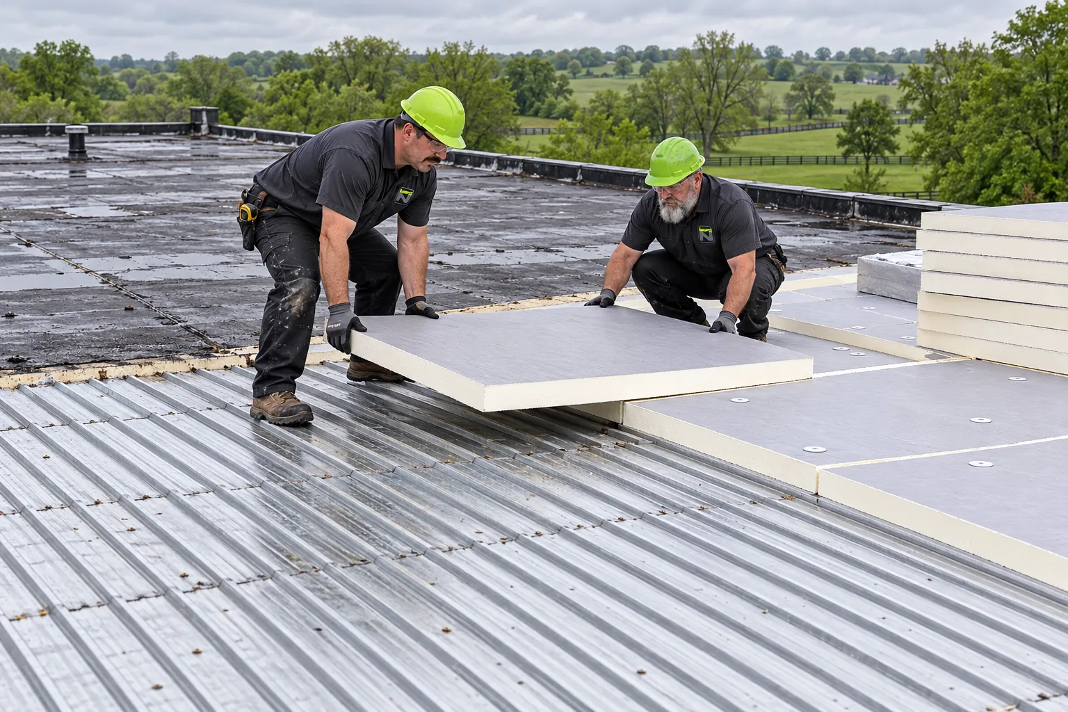 Crew tearing off an old commercial roof down to the deck
